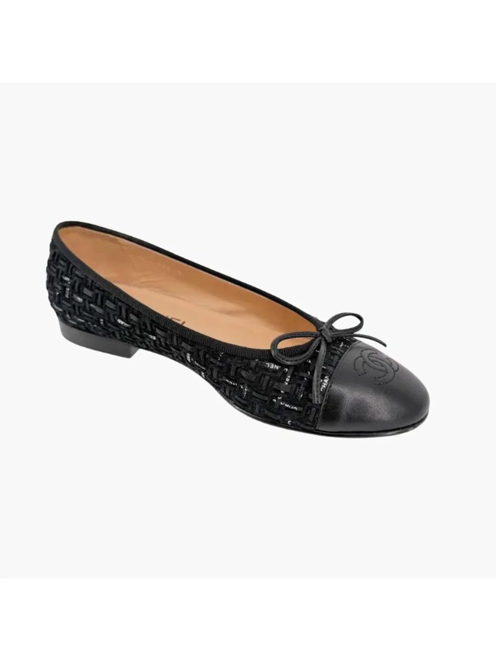 Chanel CC Cap Toe Logo Tweed Ballet Flats Black Leather Size 37 US 6-6.5 Women's - Picture 11 of 15